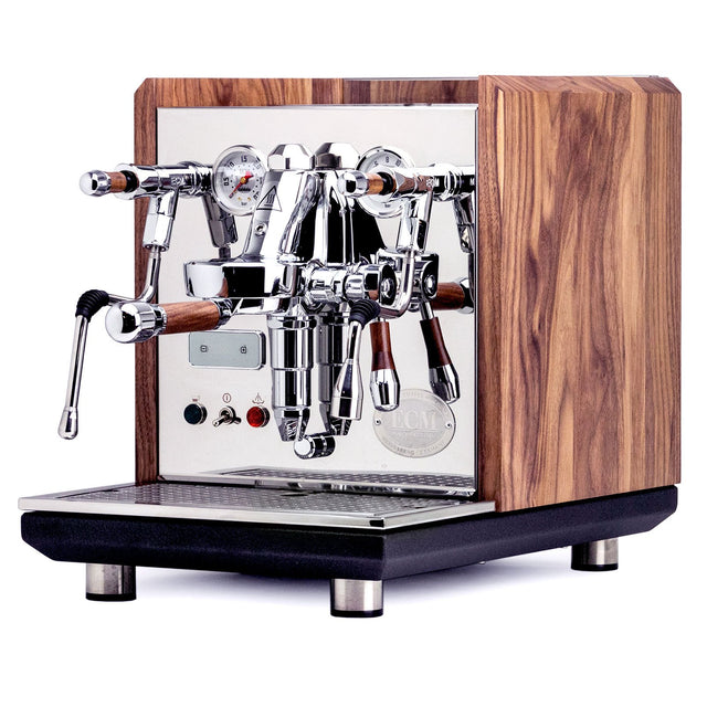 ECM Synchronika espresso machine with walnut panels, knobs, and portafilter, Clive Coffee - Knockout (Walnut)