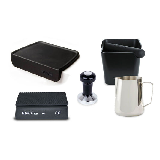 Espresso accessories package with lucca steaming pitcher, lucca tamper, lucca corner tamping mat, cafelat knockbox, Timemore Nano Smart Scale, Clive Coffee - Knockout