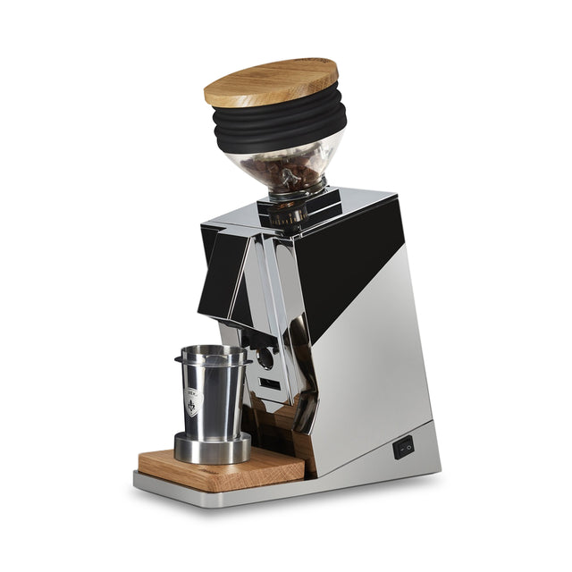 Eureka Oro Mignon Single Dose Grinder, chrome, angled hero, from Clive Coffee, knockout