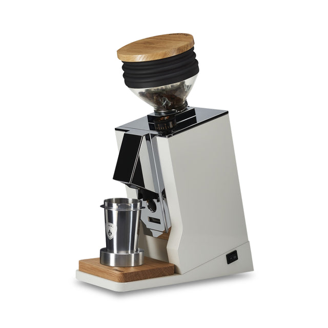 Eureka Oro Mignon Single Dose Grinder, white, angled hero, from Clive Coffee, knockout