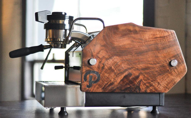 La Marzocco GS3 AV Espresso Machine with custom walnut engraved panels from side, Clive Coffee - Lifestyle large