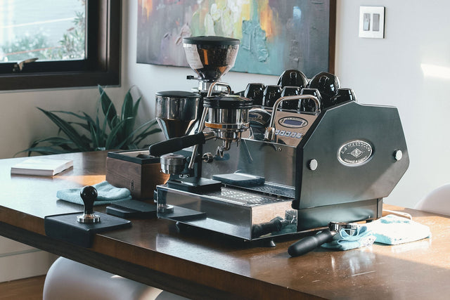 La Marzocco GS3 AV Espresso Machine on bar with a Mazzer espresso grinder, Clive Coffee - Lifestyle large