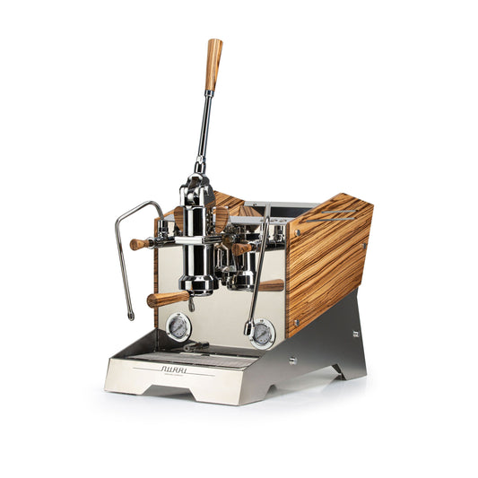 Nurri L-Type Leva SA Espresso Machine, Stainless with Zebra Wood, from Clive Coffee