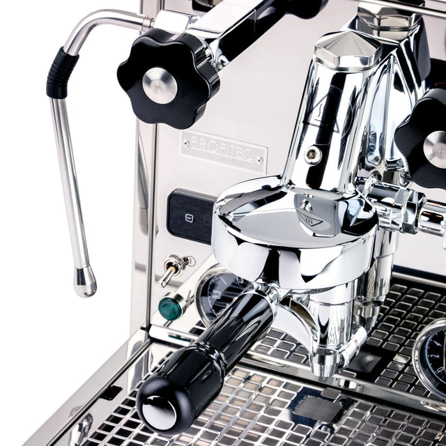 Profitec Pro 600 espresso machine, group head from side angle, Clive Coffee - Knockout