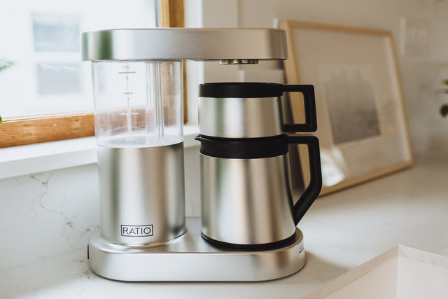 Ratio Six Coffee Maker in Stainless Steel, Clive Coffee - Lifestyle