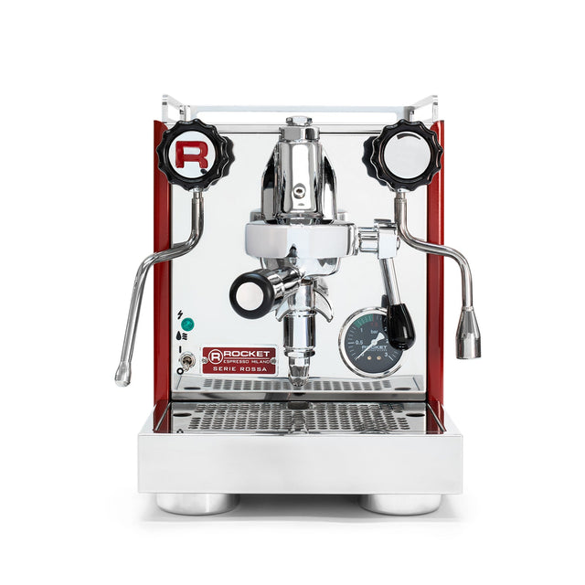 Rocket Appartamento Serie Rossa Espresso Machine, red panels, front view, from Clive Coffee, knockout